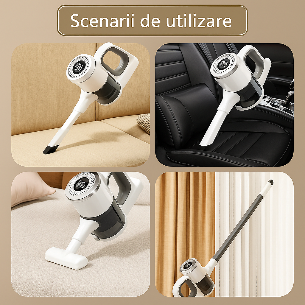 Aspirator vertical Fara Fir 2 in 1, Functie de Mop, 3 Capete incluse, Autonomie 48 minute, 100W