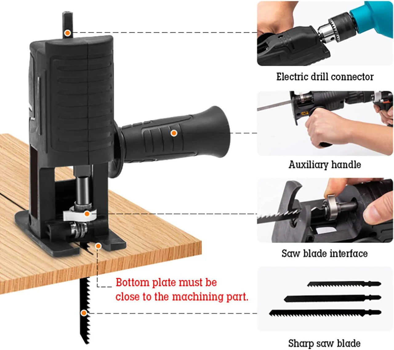 Adaptor tip fierastrau sabie soricel, pentru bormasina, 3 lame incluse