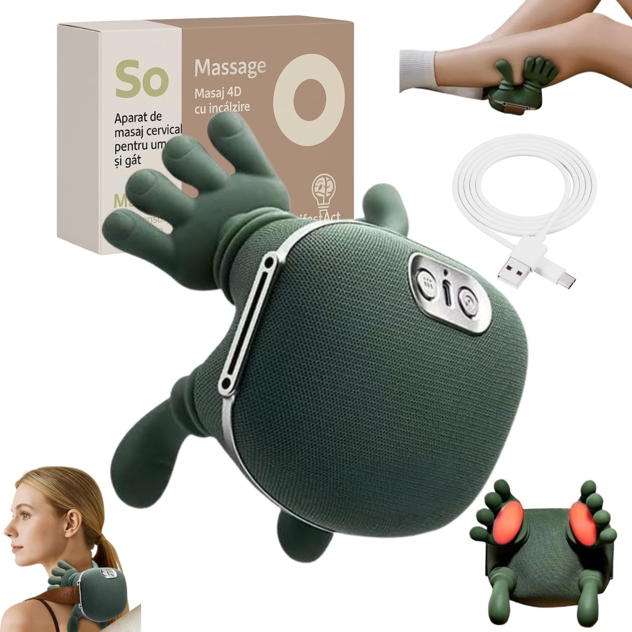 Aparat Masaj Cervical 4D cu Incalzire | Gat, Umeri, Brate, Gambe | 3 Trepte | Fara Fir | Motor Silentios | Incarcare USB | Verde