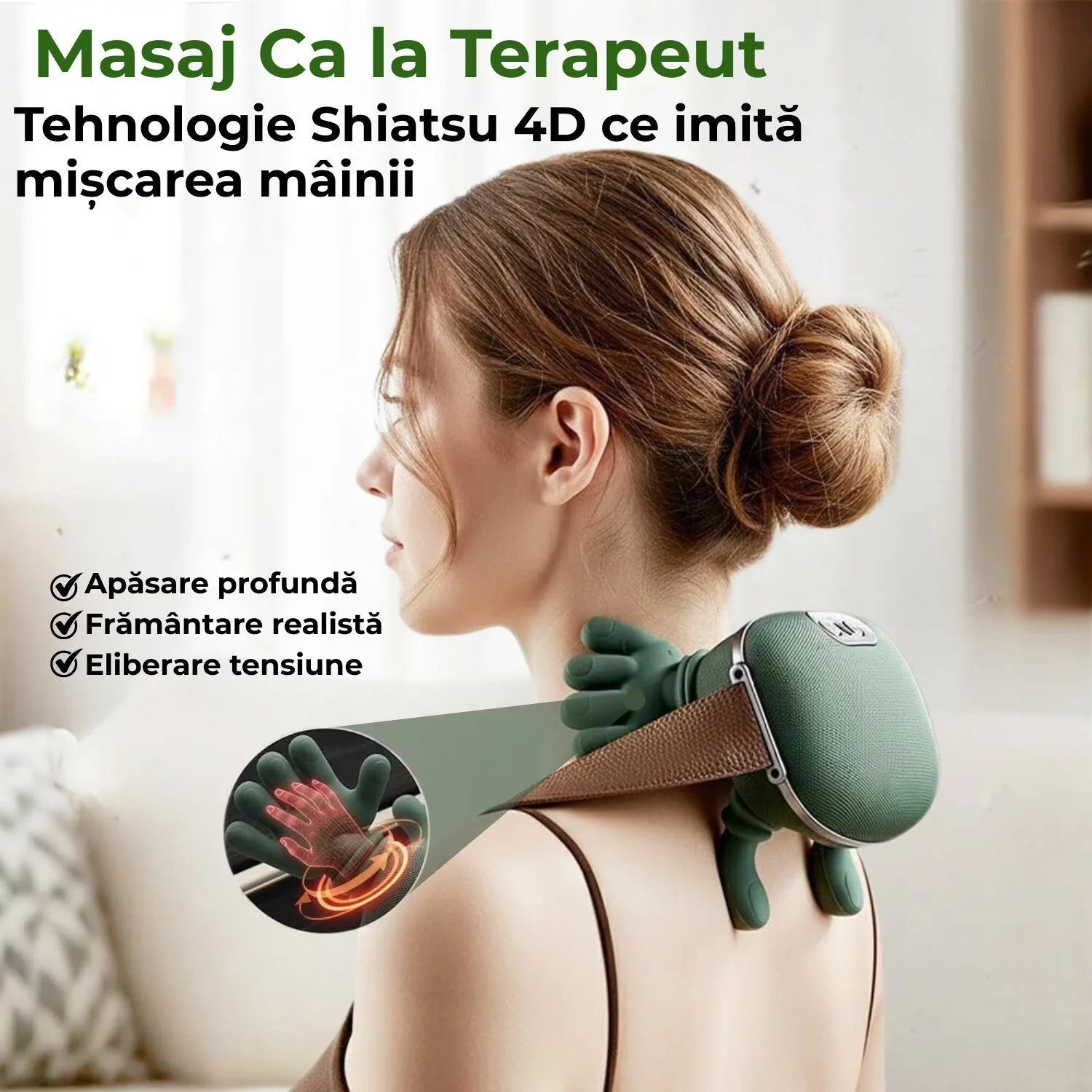 Aparat Masaj Cervical 4D cu Incalzire | Gat, Umeri, Brate, Gambe | 3 Trepte | Fara Fir | Motor Silentios | Incarcare USB | Verde