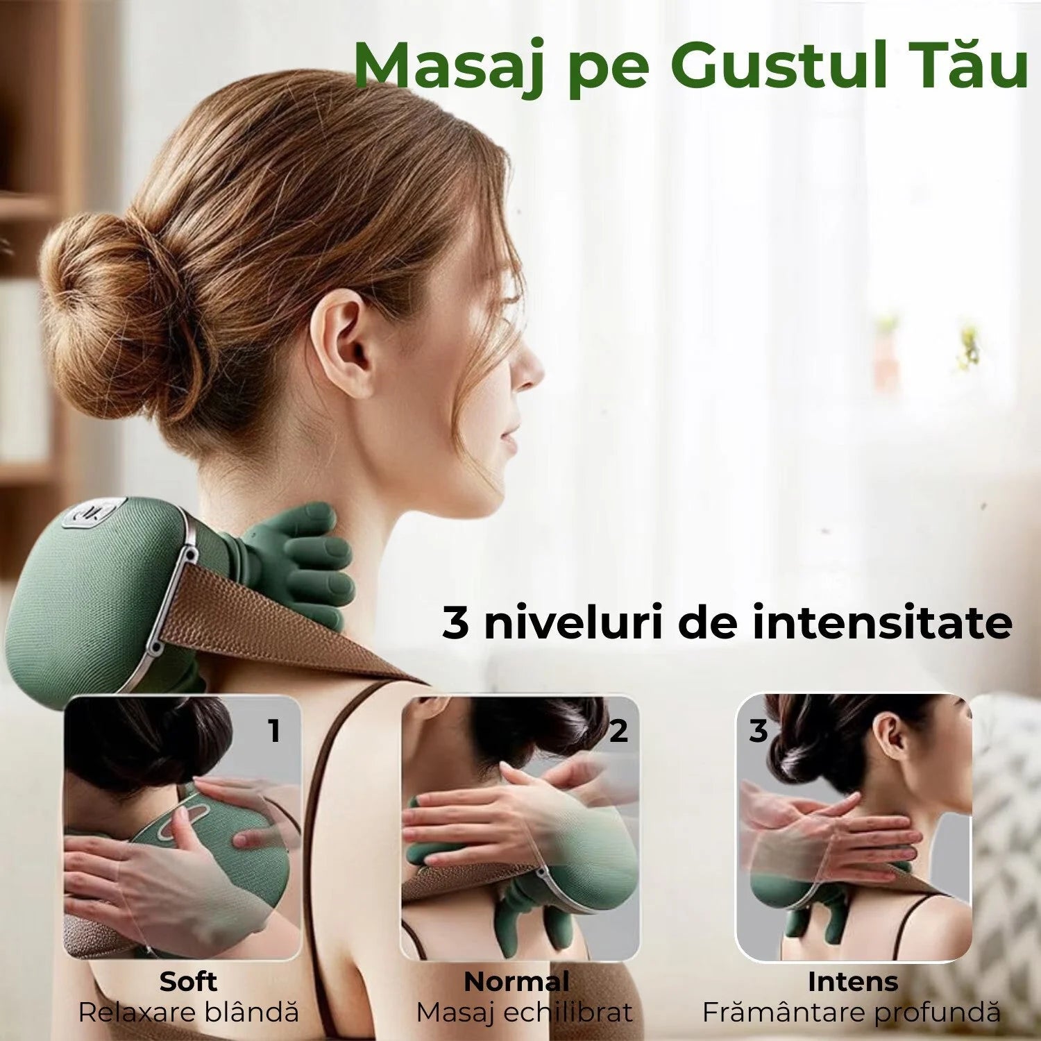 Aparat Masaj Cervical 4D cu Incalzire | Gat, Umeri, Brate, Gambe | 3 Trepte | Fara Fir | Motor Silentios | Incarcare USB | Verde