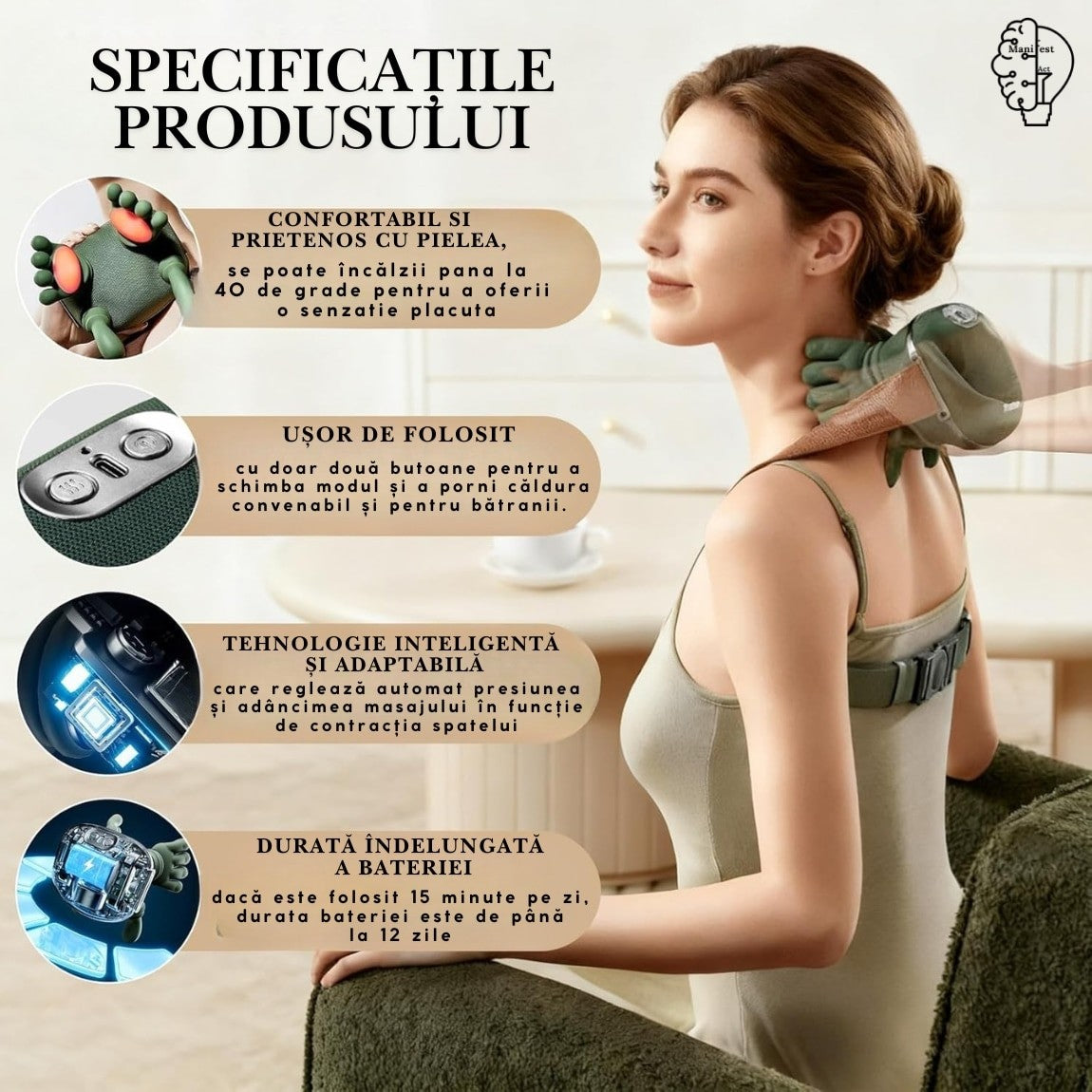 Aparat Masaj Cervical 4D cu Incalzire | Gat, Umeri, Brate, Gambe | 3 Trepte | Fara Fir | Motor Silentios | Incarcare USB | Verde