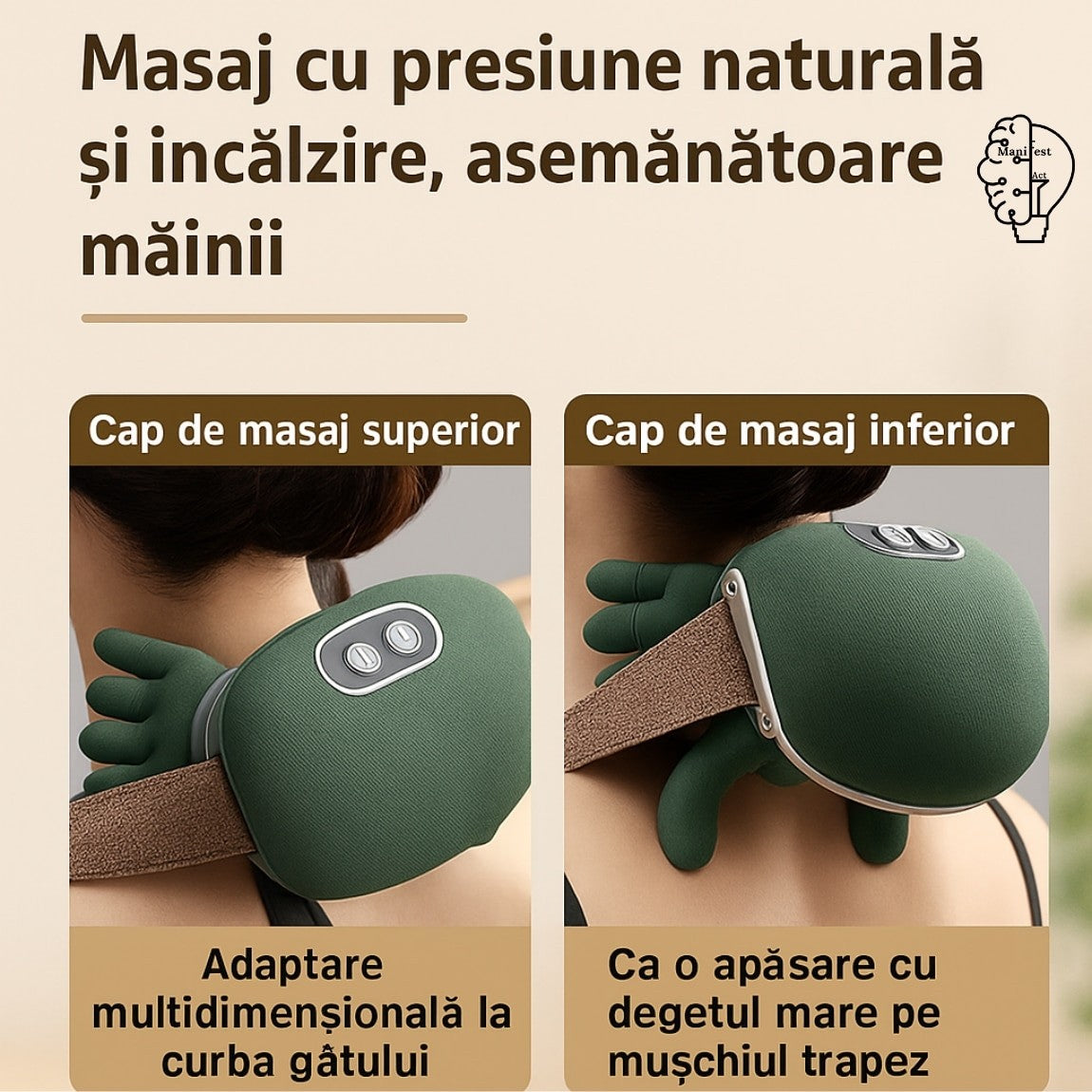 Aparat Masaj Cervical 4D cu Incalzire | Gat, Umeri, Brate, Gambe | 3 Trepte | Fara Fir | Motor Silentios | Incarcare USB | Verde
