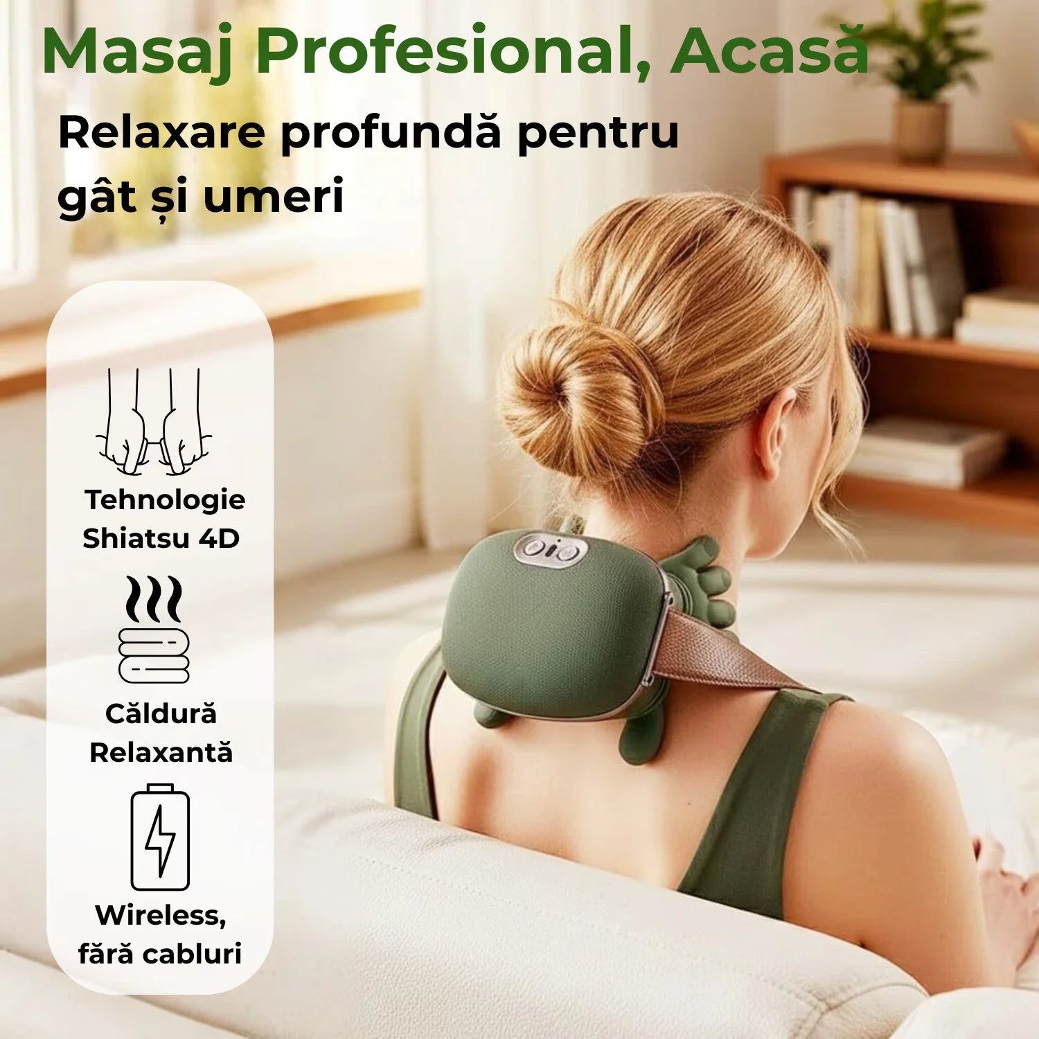 Aparat Masaj Cervical 4D cu Incalzire | Gat, Umeri, Brate, Gambe | 3 Trepte | Fara Fir | Motor Silentios | Incarcare USB | Verde