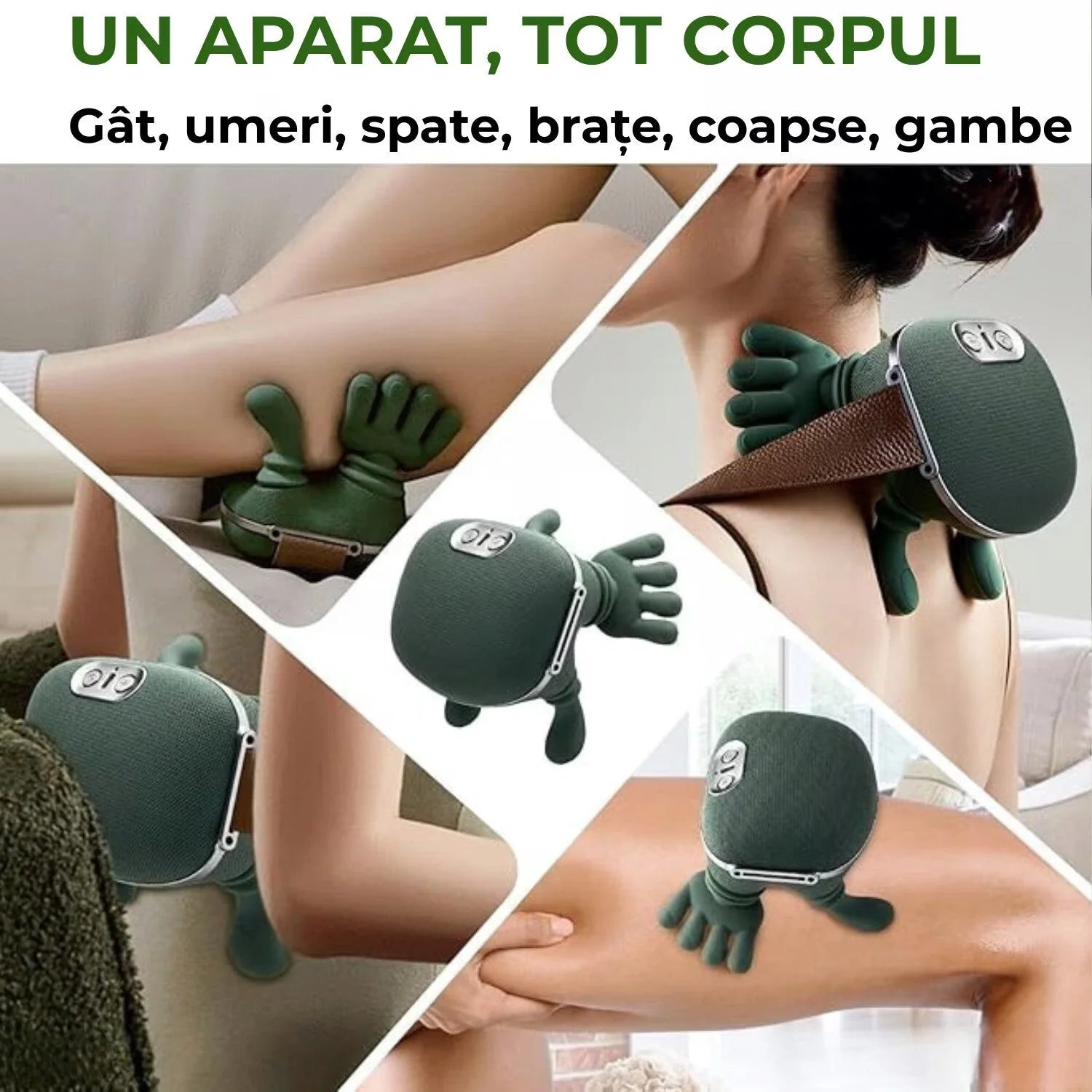 Aparat Masaj Cervical 4D cu Incalzire | Gat, Umeri, Brate, Gambe | 3 Trepte | Fara Fir | Motor Silentios | Incarcare USB | Verde