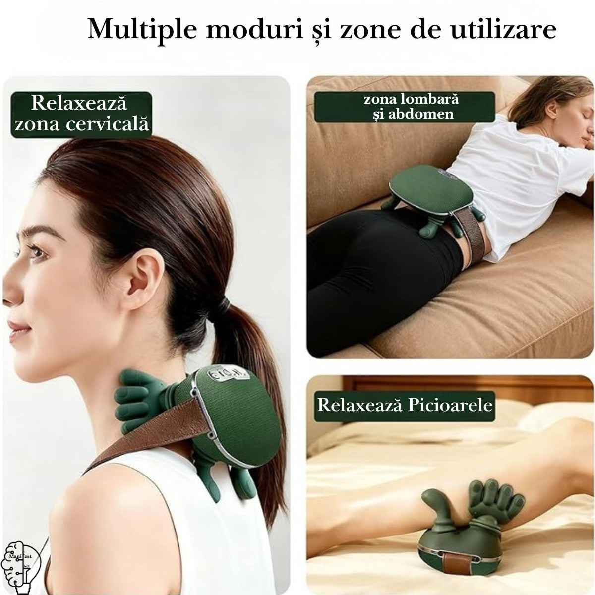 Aparat Masaj Cervical 4D cu Incalzire | Gat, Umeri, Brate, Gambe | 3 Trepte | Fara Fir | Motor Silentios | Incarcare USB | Verde
