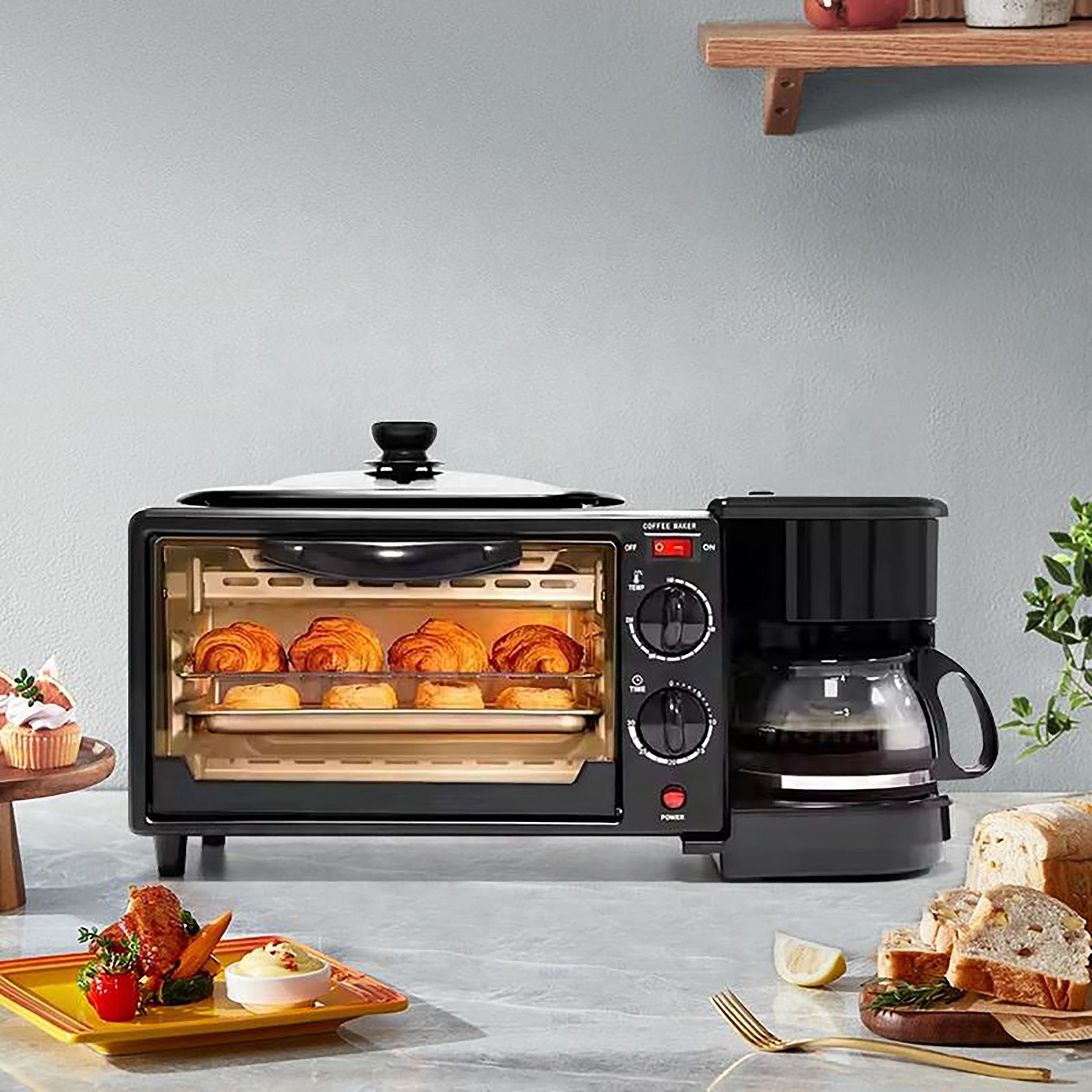 Aparat Mic Dejun Electric, Multifunctional 3 in 1, Cuptor 9L, Grill, Aparat De Cafea, Capac Inclus