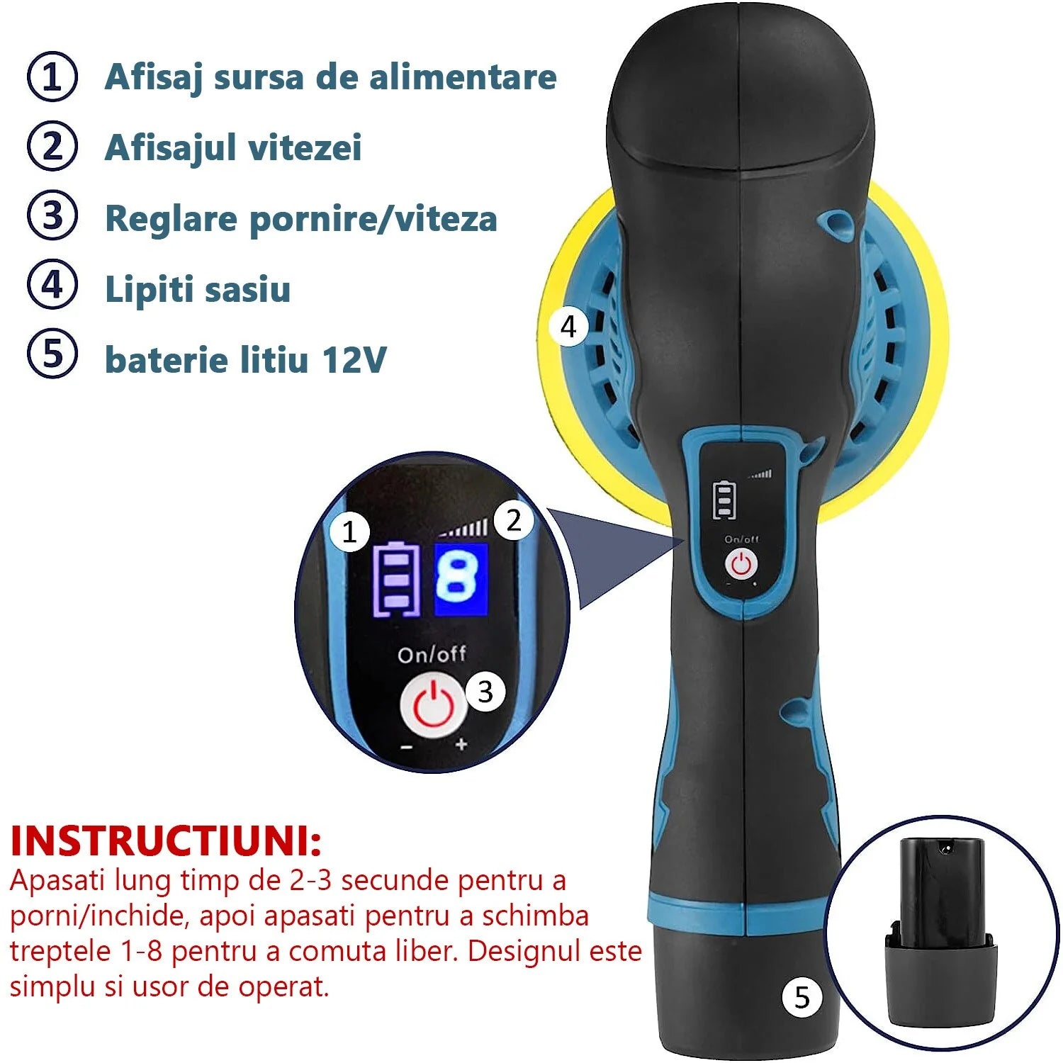 Aparat Polish Auto, 2 Acumulatori 36V, fara fir, portabil, 2500-5000 Rpm, 8 Viteze, Albastru/Negru