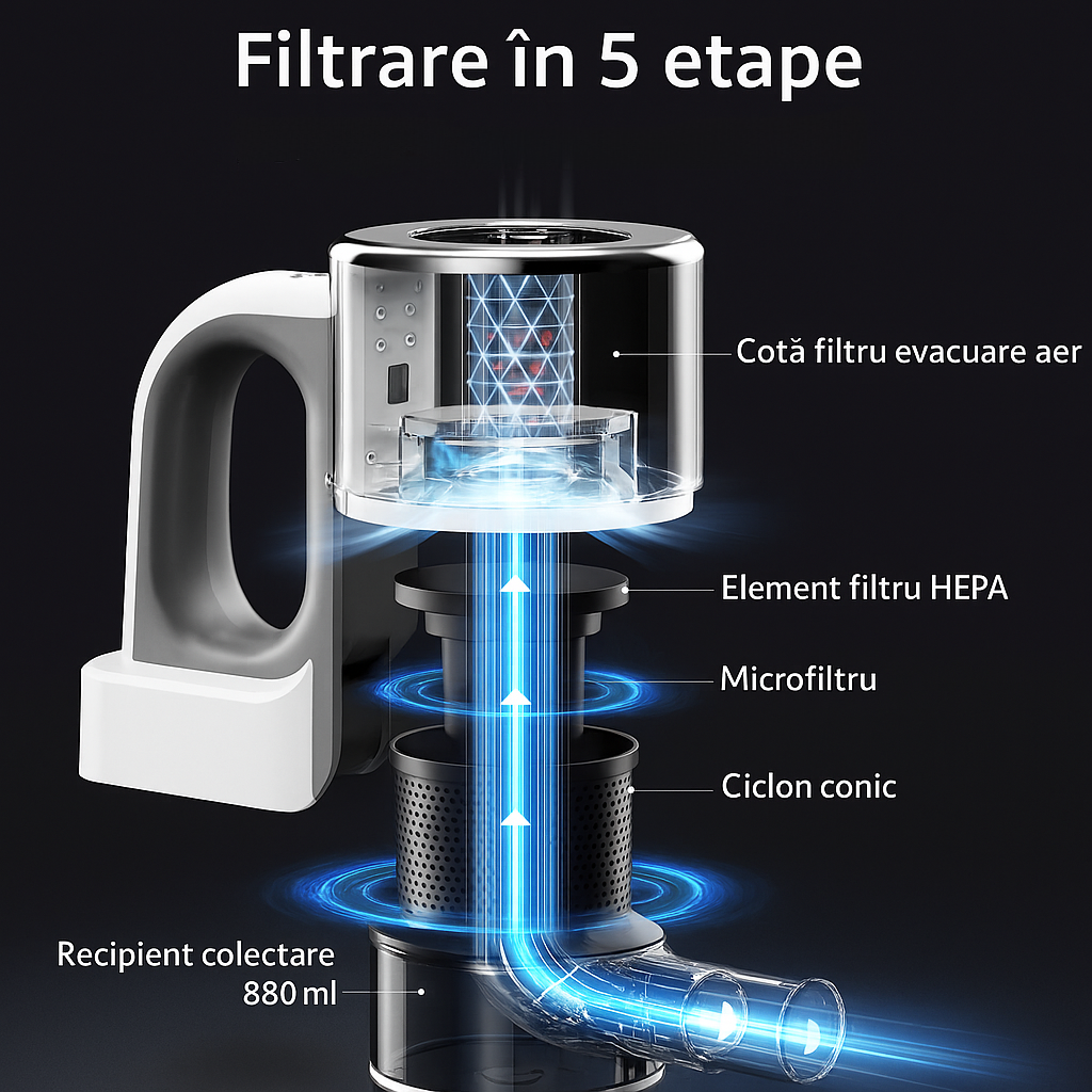 Aspirator vertical Fara Fir 2 in 1, Functie de Mop, 3 Capete incluse, Autonomie 48 minute, 100W