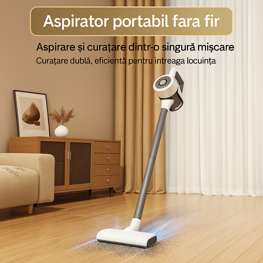 Aspirator vertical Fara Fir 2 in 1, Functie de Mop, 3 Capete incluse, Autonomie 48 minute, 100W