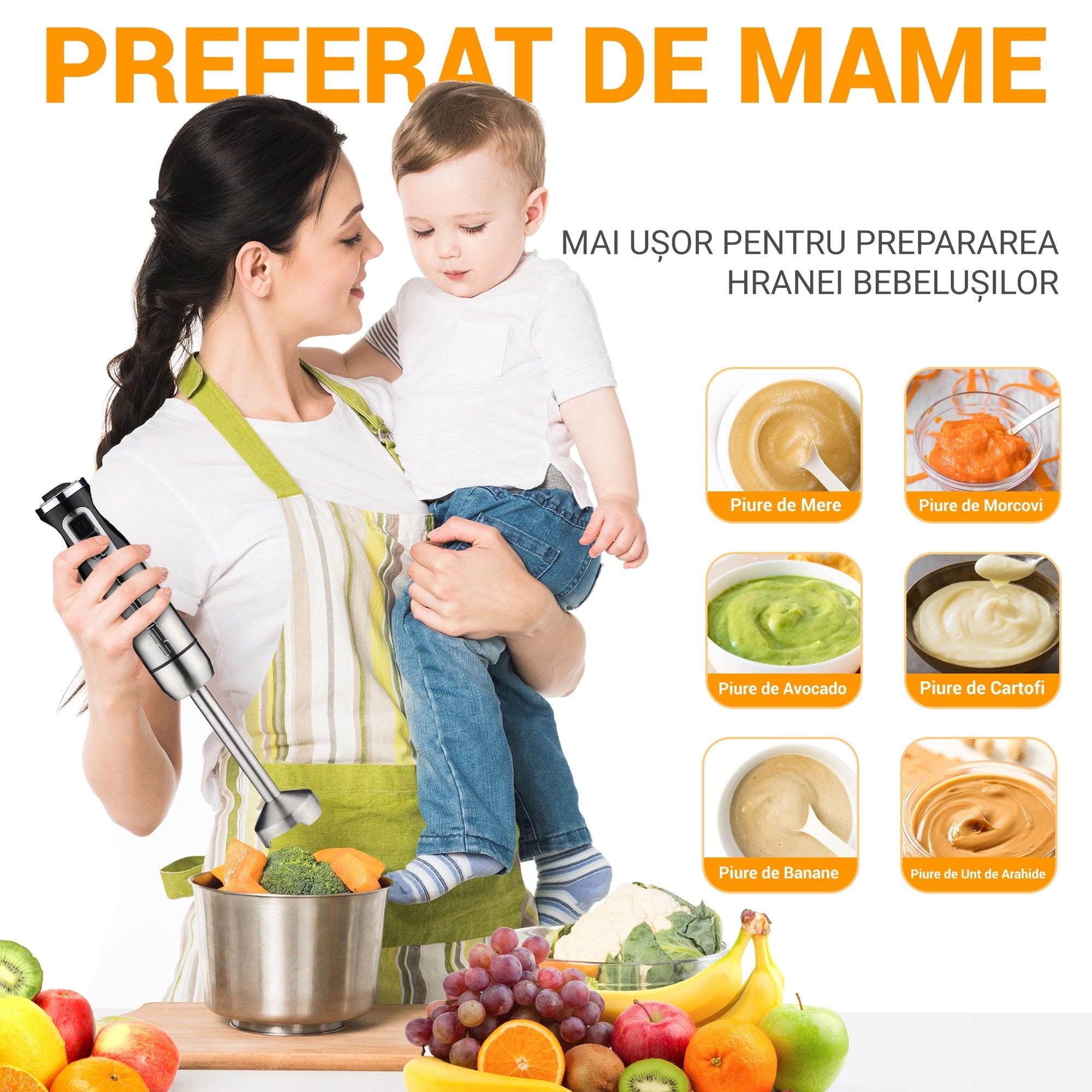 Blender De Mana 4 in 1 500W Multifunctional Cu Tocator Si Pahar – Putere Mare Pentru Preparare Rapida Si Eficienta