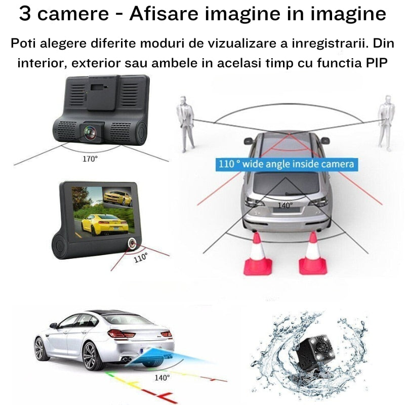 Camera auto tripla Blackbox L300-1, Full-HD, 3 camere-fata/spate/interior, ecran 4'', G Senzor