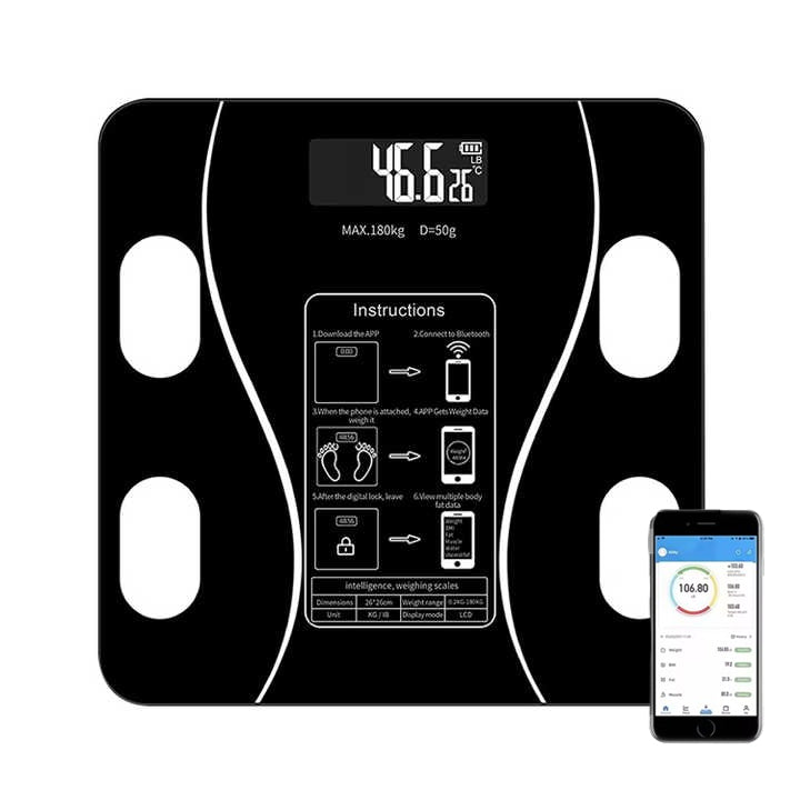 Cantar corporal cu ecran digital Iluminat, aplicatie smart, compatibil android/Ios, conectare bluetooth, termometru, 180 Kg Max
