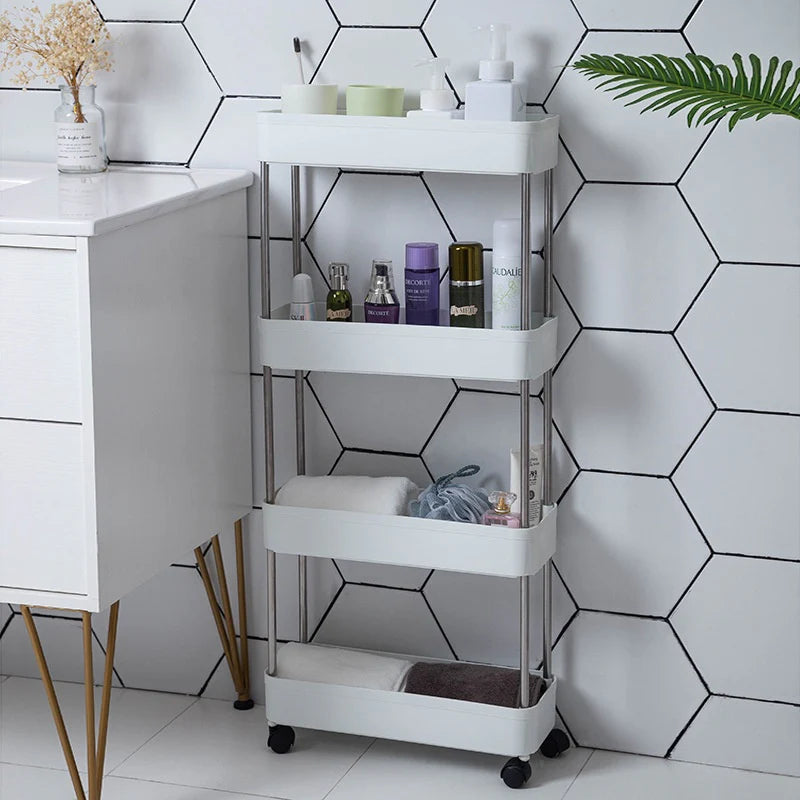 Carucior organizator slim, portabil, cu 4 rafturi, alb, 40 x 13 x 80 cm