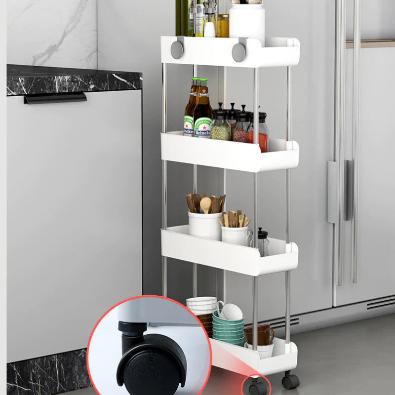 Carucior organizator slim, portabil, cu 4 rafturi, alb, 40 x 13 x 80 cm