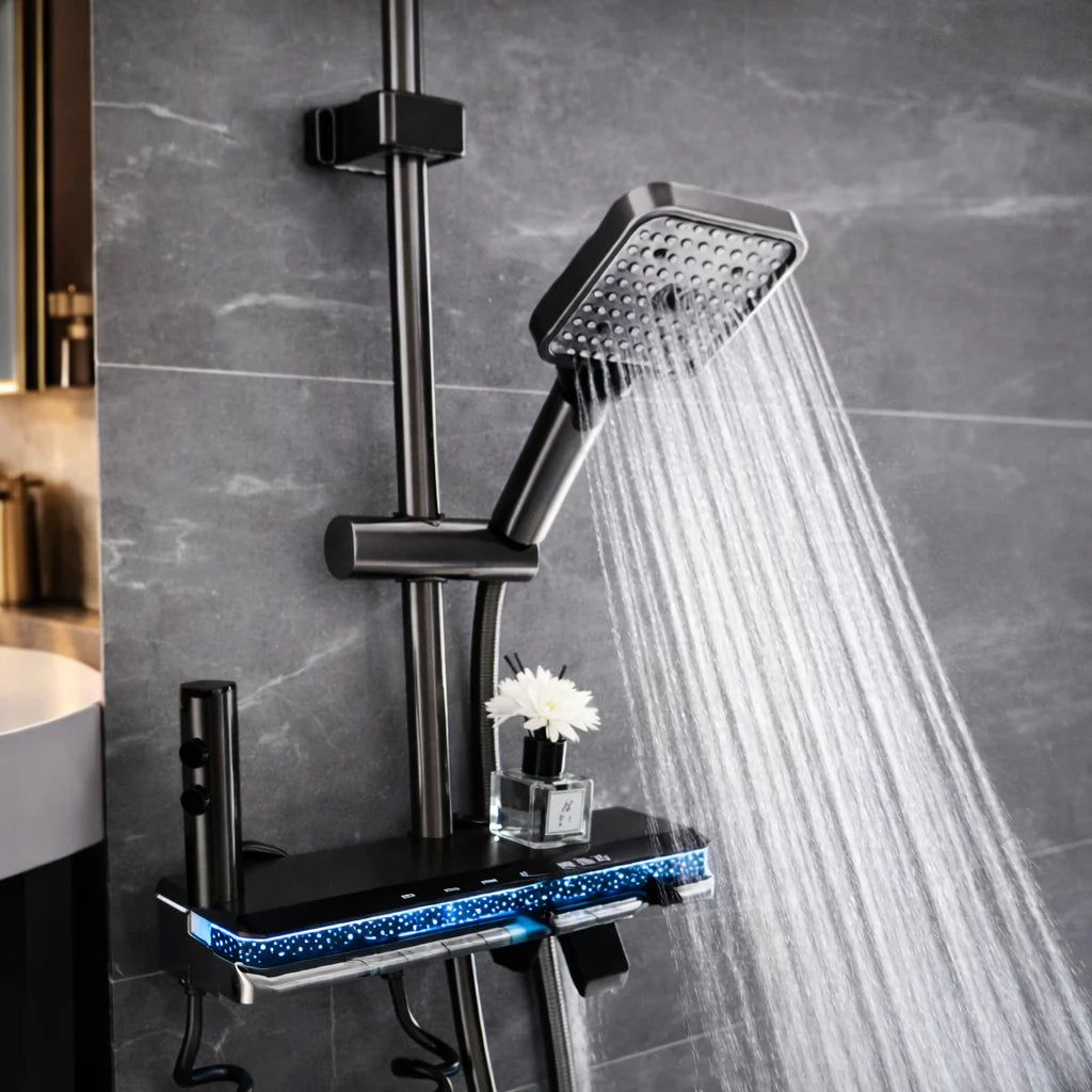 Coloana Dus Smart Premium cu LED si Termostat, 4 Functii, Butoane Piano, Finisaj Gri cu Negru