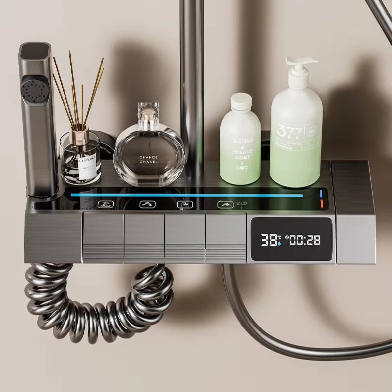 Set Baterie si Coloana de dus tip ploaie, Lumini LED, Afisaj Temperatura, 4 moduri de curgere a apei, Crom Satinat