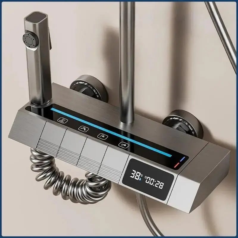 Set Baterie si Coloana de dus tip ploaie, Lumini LED, Afisaj Temperatura, 4 moduri de curgere a apei, Crom Satinat