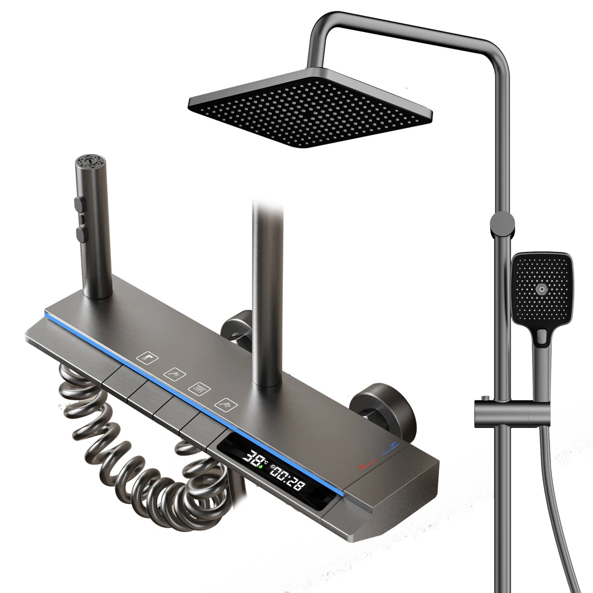 Coloana cu Baterie Dus cu Lumini LED, 4 Moduri de Curgere a apei, Premium, Crom Satinat (Gri)