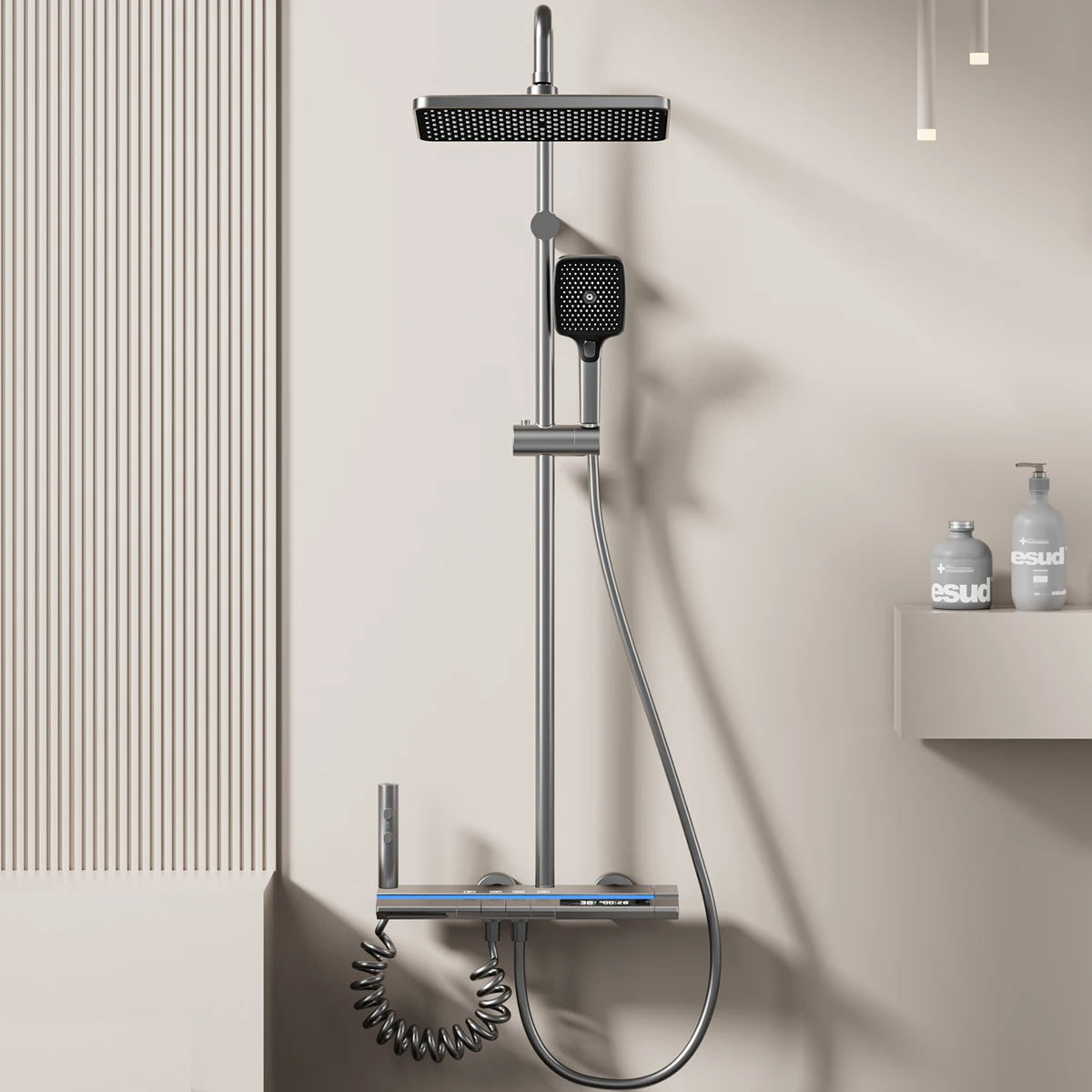 Coloana cu Baterie Dus cu Lumini LED, 4 Moduri de Curgere a apei, Premium, Crom Satinat (Gri)