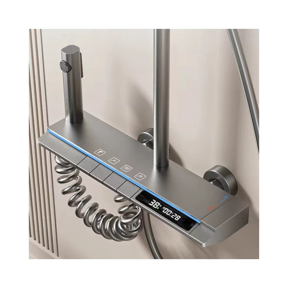 Coloana cu Baterie Dus cu Lumini LED, 4 Moduri de Curgere a apei, Premium, Crom Satinat (Gri)