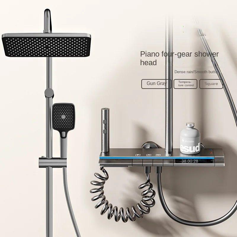 Coloana cu Baterie Dus cu Lumini LED, 4 Moduri de Curgere a apei, Premium, Crom Satinat (Gri)