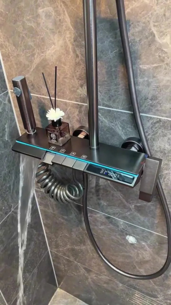 Coloana cu Baterie Dus cu Lumini LED, 4 Moduri de Curgere a apei, Premium, Crom Satinat (Gri)