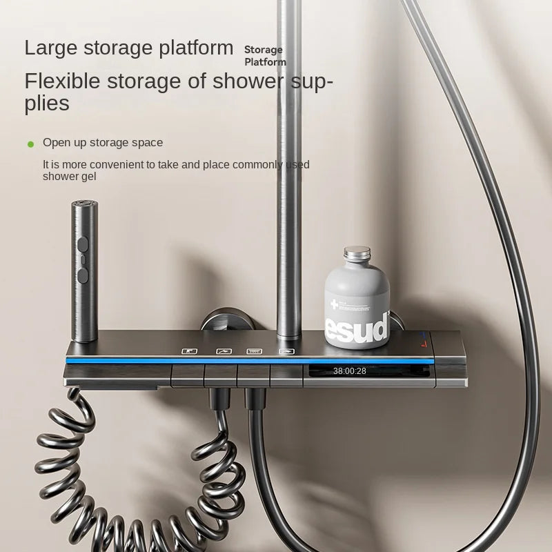 Coloana cu Baterie Dus cu Lumini LED, 4 Moduri de Curgere a apei, Premium, Crom Satinat (Gri)