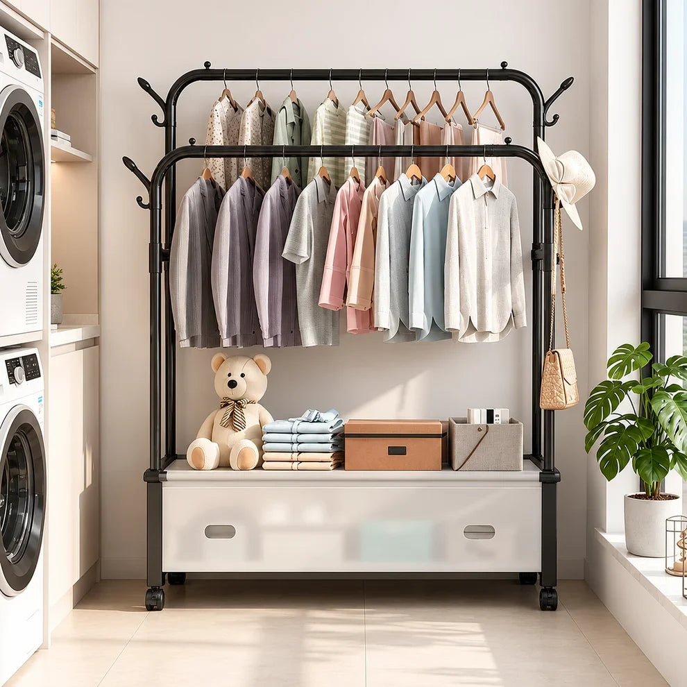 Cuier Mobil Multifuncțional pentru Haine cu Roți 360°, Rafturi de Depozitare și Suport pentru Încălțăminte 125 x 35 x 155 cm