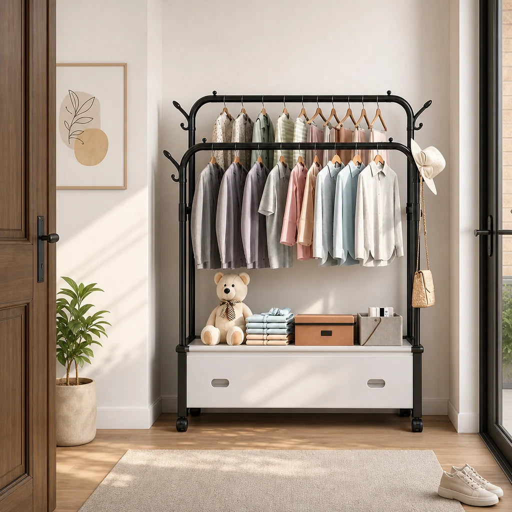 Cuier Mobil Multifuncțional pentru Haine cu Roți 360°, Rafturi de Depozitare și Suport pentru Încălțăminte 125 x 35 x 155 cm