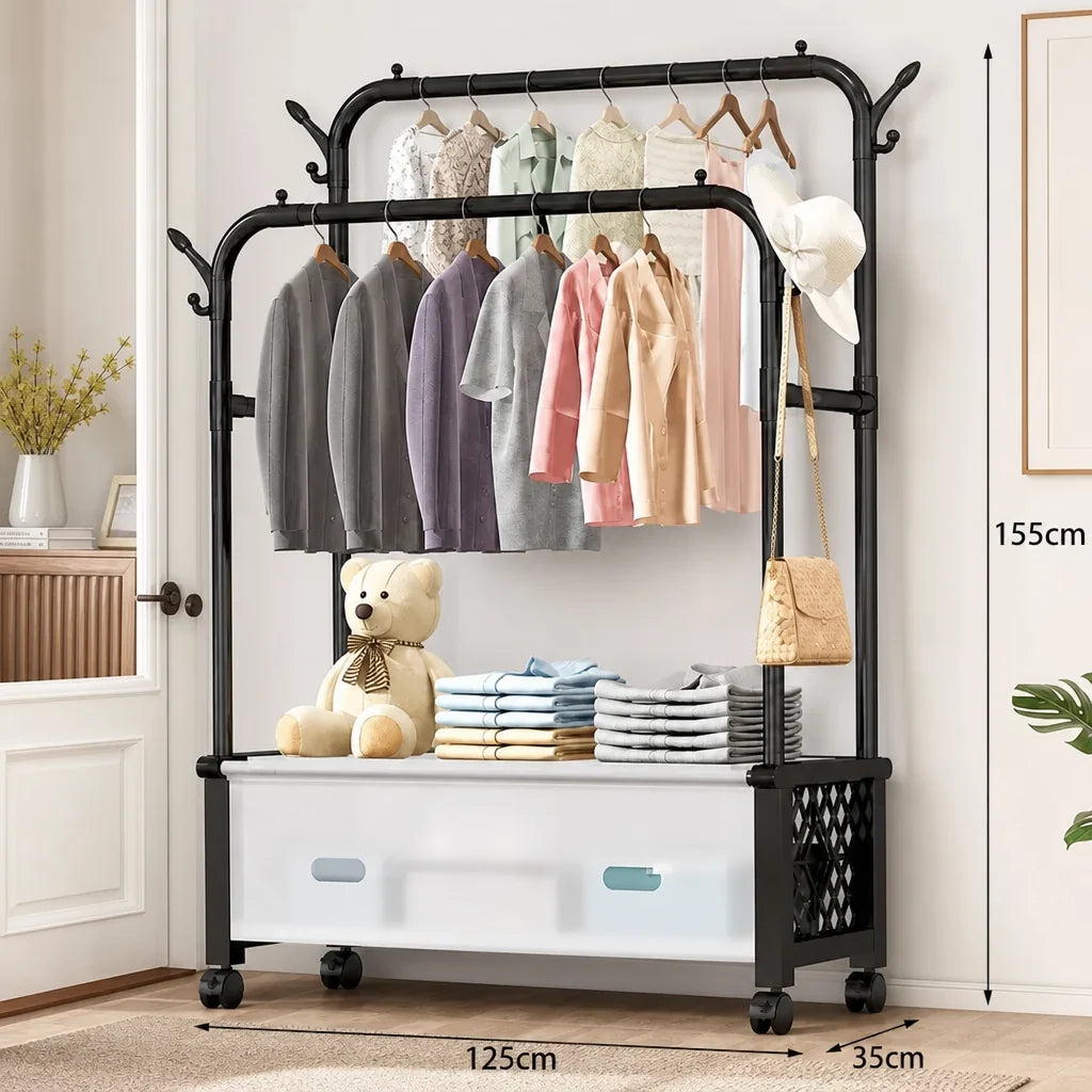 Cuier Mobil Multifuncțional pentru Haine cu Roți 360°, Rafturi de Depozitare și Suport pentru Încălțăminte 125 x 35 x 155 cm