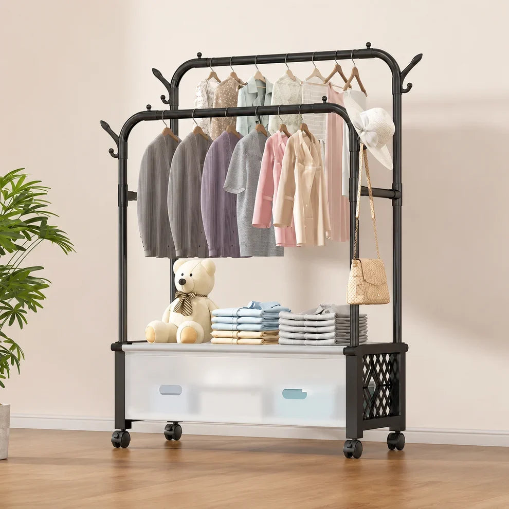 Cuier Mobil Multifuncțional pentru Haine cu Roți 360°, Rafturi de Depozitare și Suport pentru Încălțăminte 125 x 35 x 155 cm
