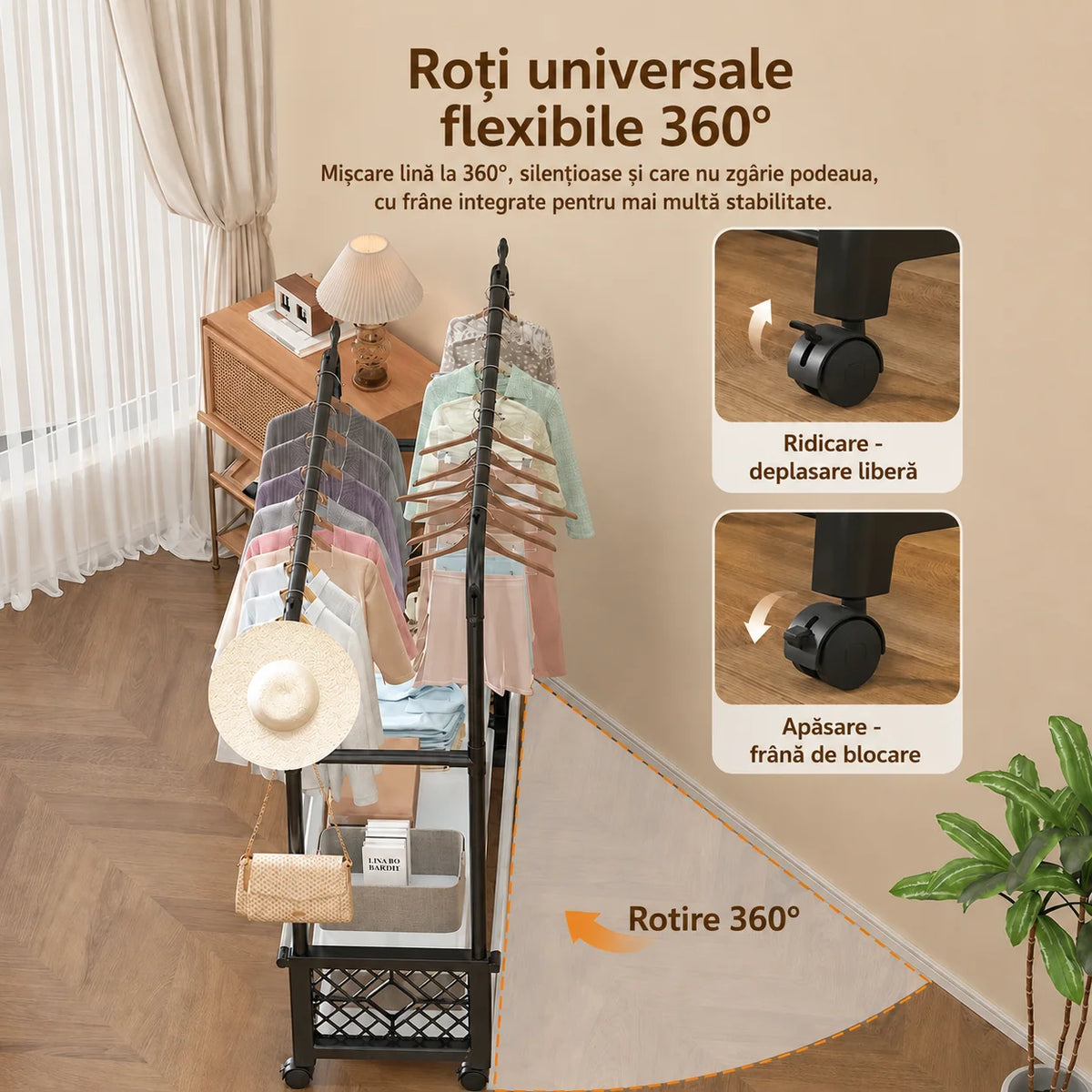 Cuier Mobil Multifuncțional pentru Haine cu Roți 360°, Rafturi de Depozitare și Suport pentru Încălțăminte 125 x 35 x 155 cm