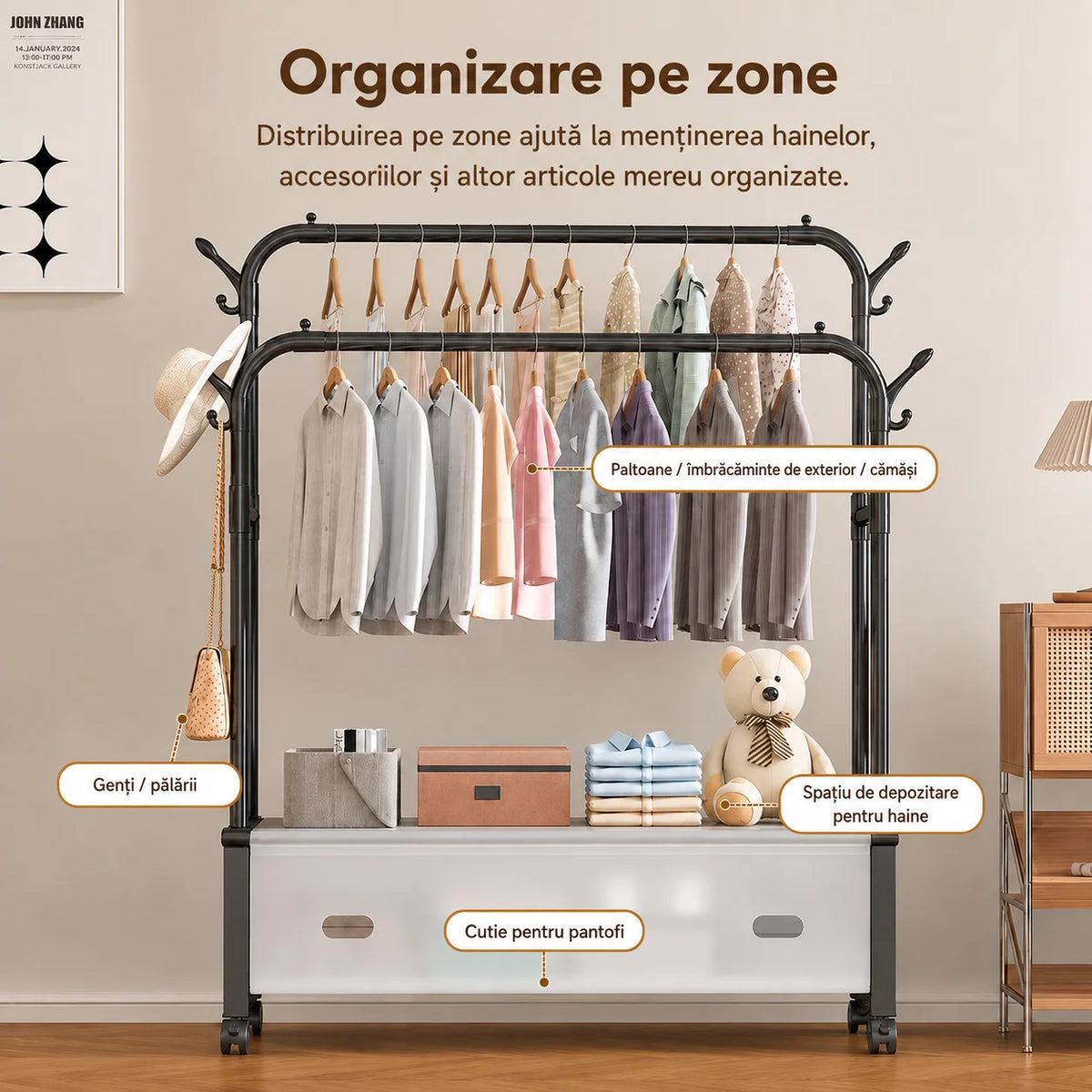 Cuier Mobil Multifuncțional pentru Haine cu Roți 360°, Rafturi de Depozitare și Suport pentru Încălțăminte 125 x 35 x 155 cm