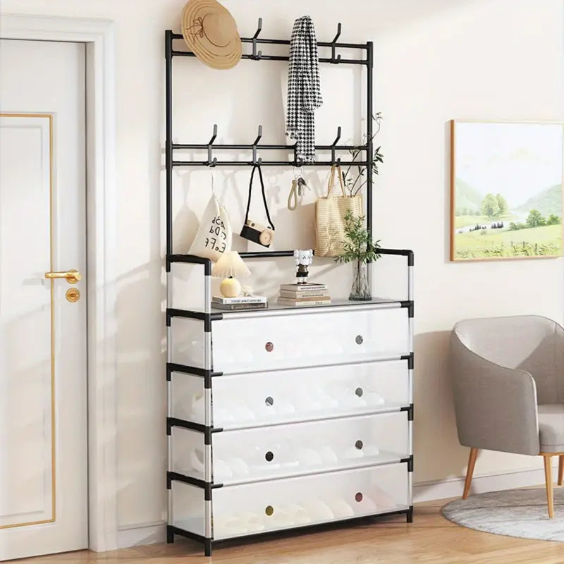 Cuier cu raft pantofi pe 4 niveluri si 8 carlige duble, suport haine si incaltaminte pentru hol