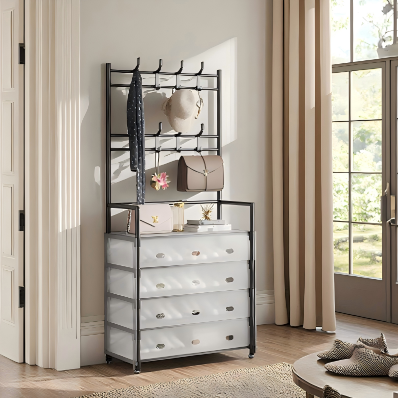 Cuier cu raft pantofi pe 4 niveluri si 8 carlige duble, suport haine si incaltaminte pentru hol