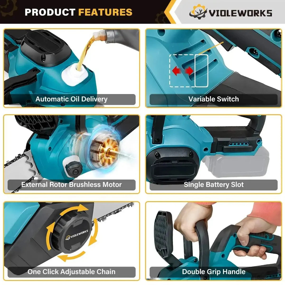 Drujba Electrica fara Fir, 16 inch, cu 2 Acumulatori 48V 6Ah, Motor Brushless, 2300W, Ungere Automata, Taiere 40 cm