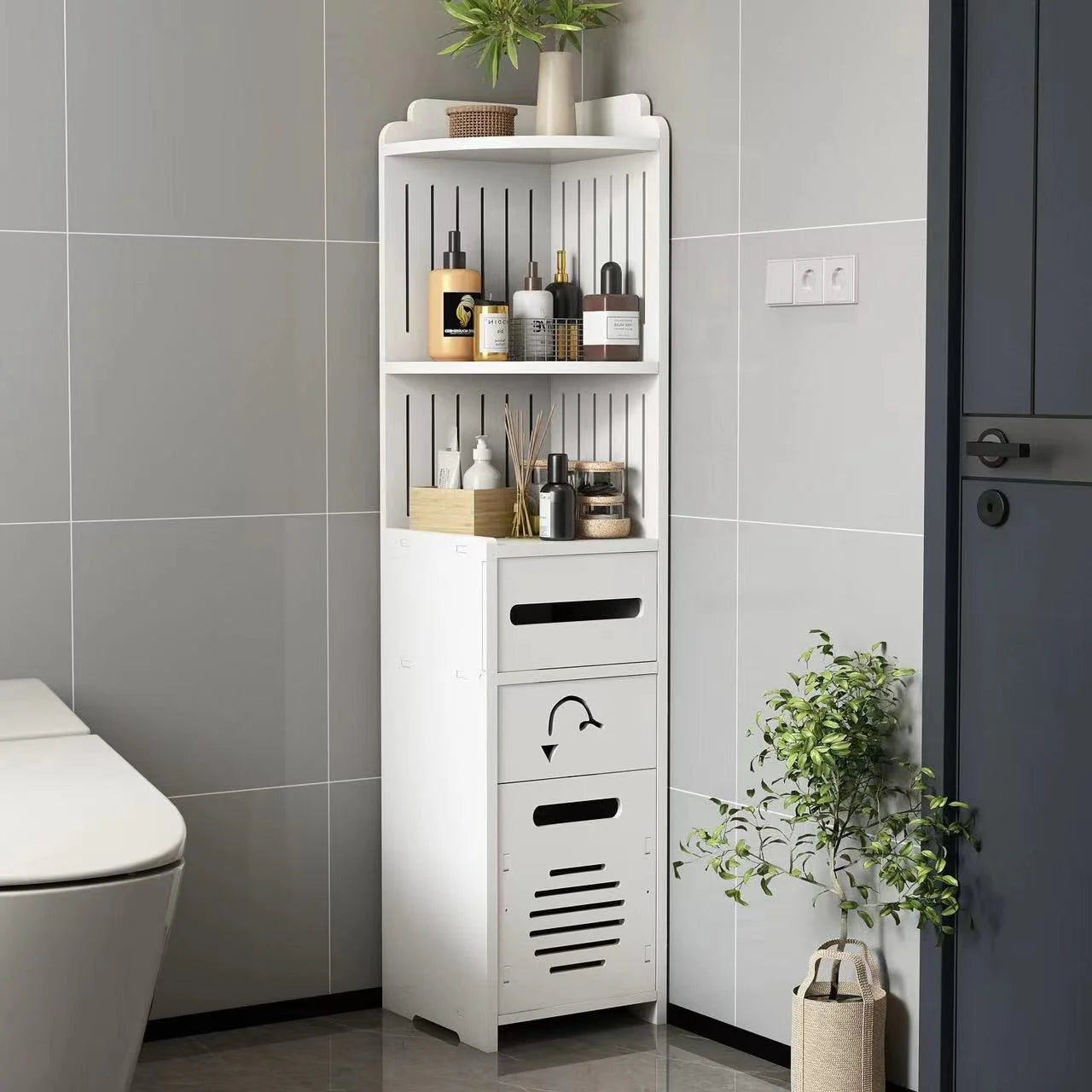 Dulap vertical de colt pentru baie, finisaje moderne,100 x 24 x24 cm alb