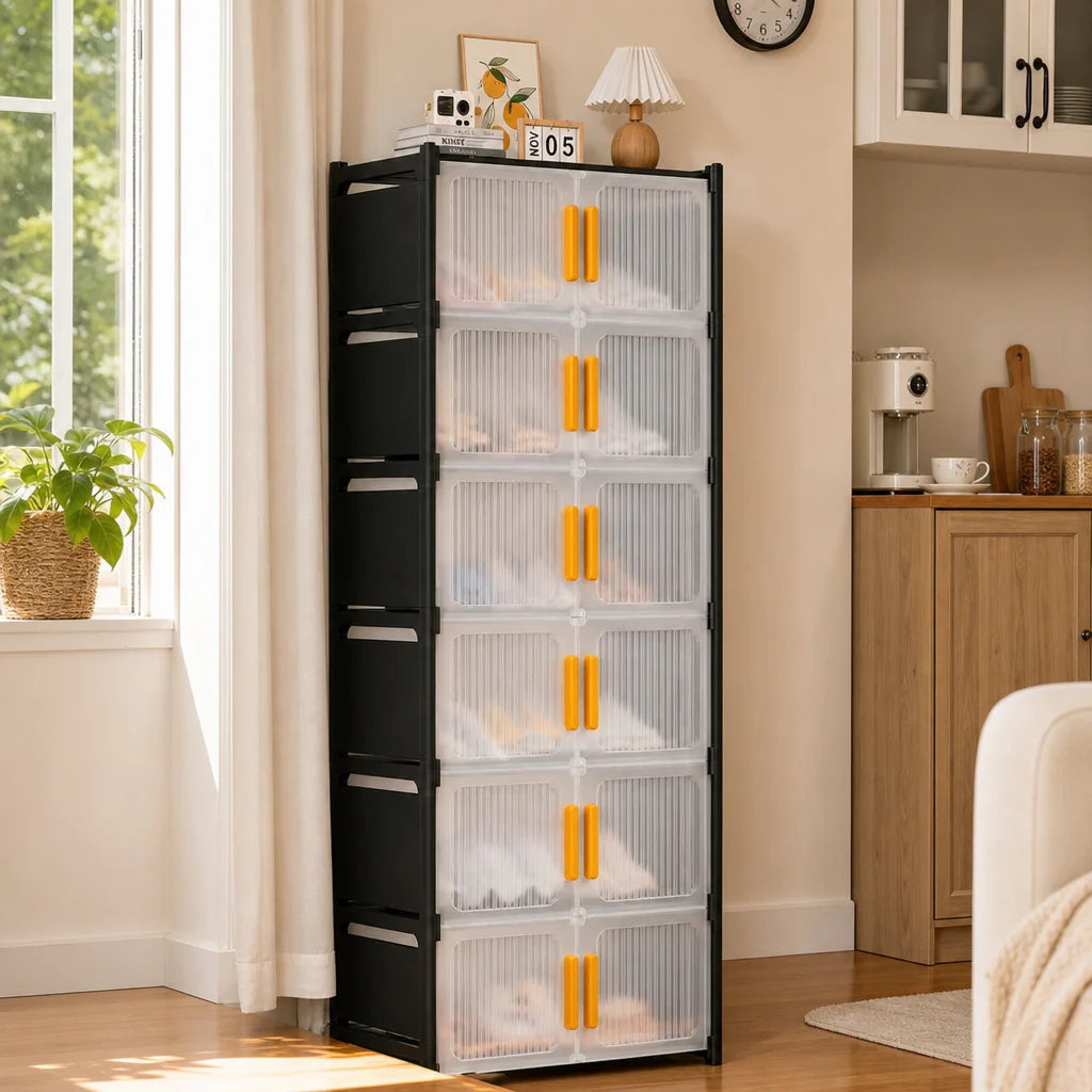 Dulap pantofar cu 6 niveluri, usi translucide si cadru negru, 57 x 30,5 x 126 cm