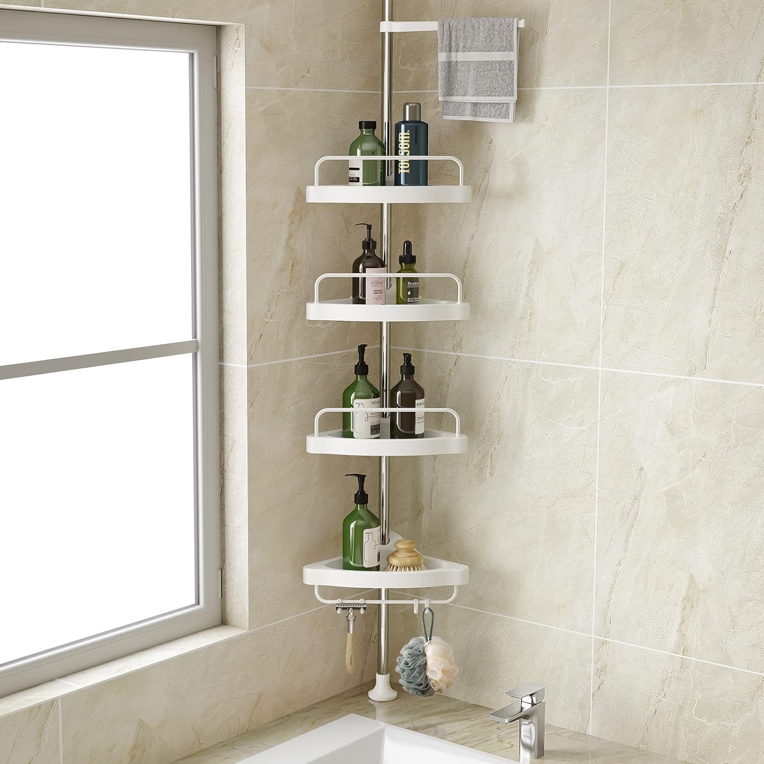 Etajera colt pentru baie si dus, 4 rafturi, inaltime reglabila 320 cm, montare pe colt