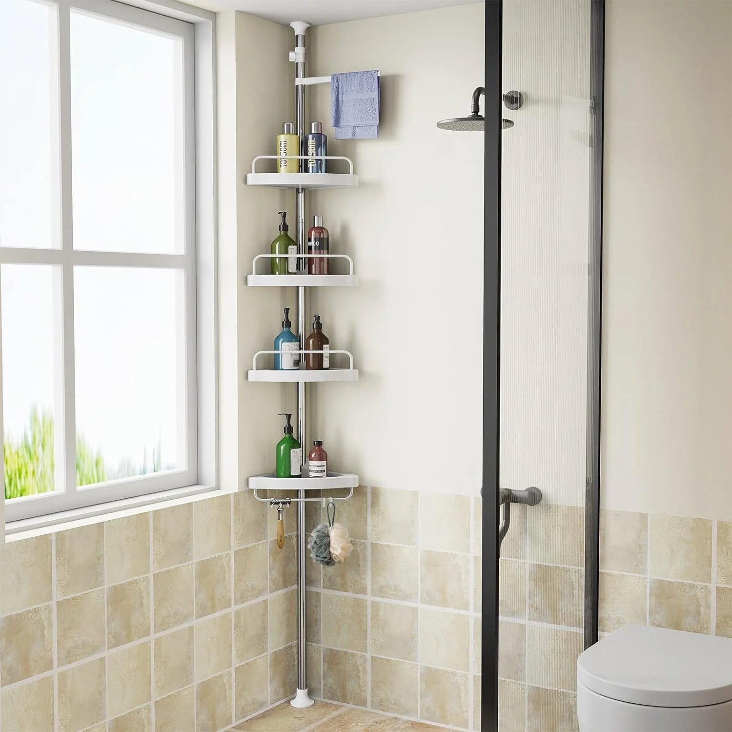 Etajera colt pentru baie si dus, 4 rafturi, inaltime reglabila 320 cm, montare pe colt