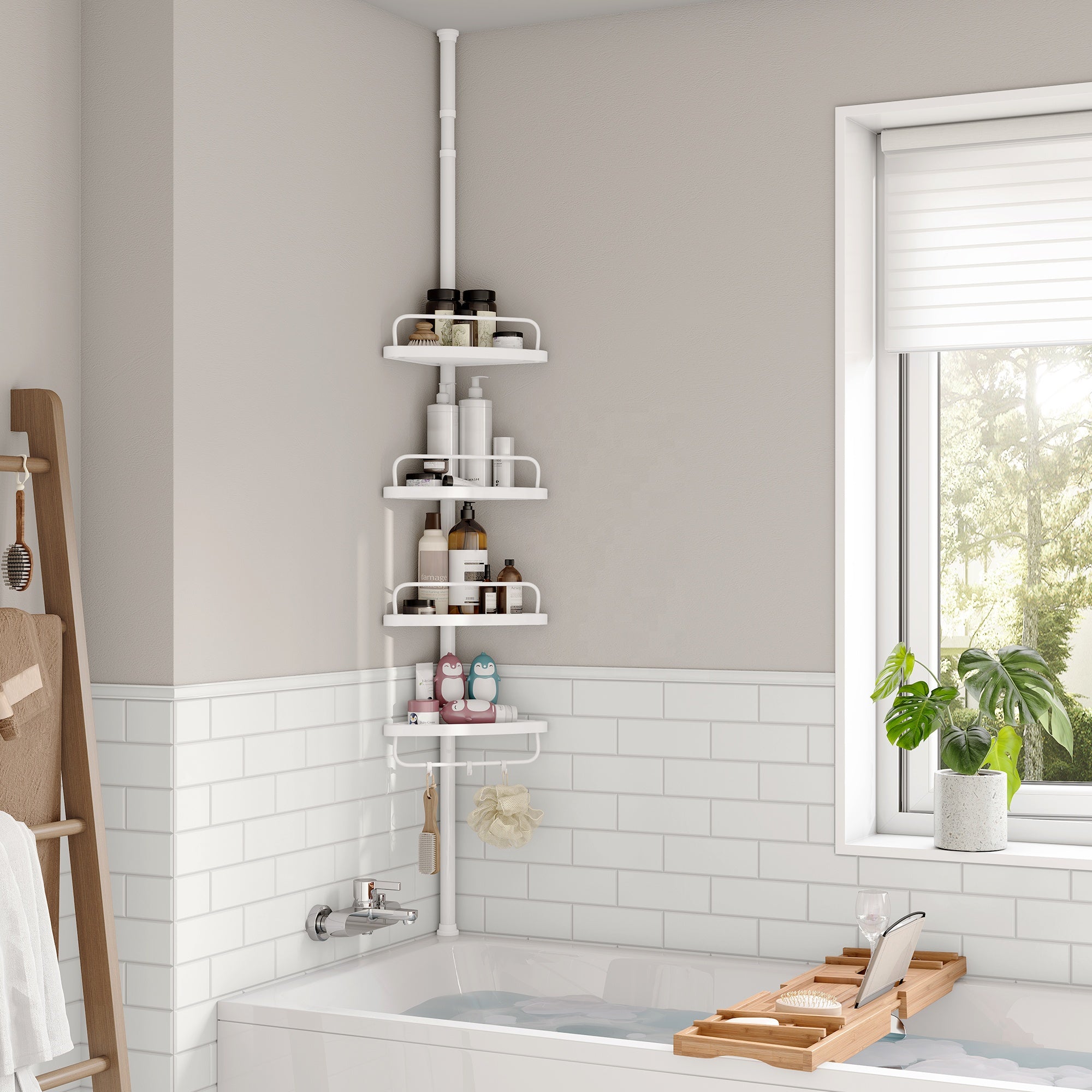 Etajera colt pentru baie si dus, 4 rafturi, inaltime reglabila 320 cm, montare pe colt
