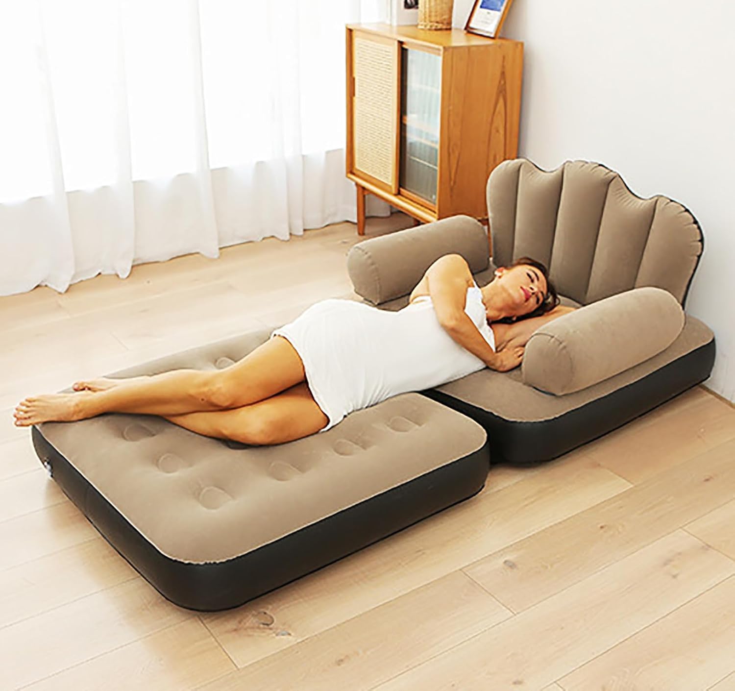 Fotoliu gonflabil, 2 in 1, pliabil, multifunctional, potrivit pentru dormitor si living, usor de depozitat, maro/negru