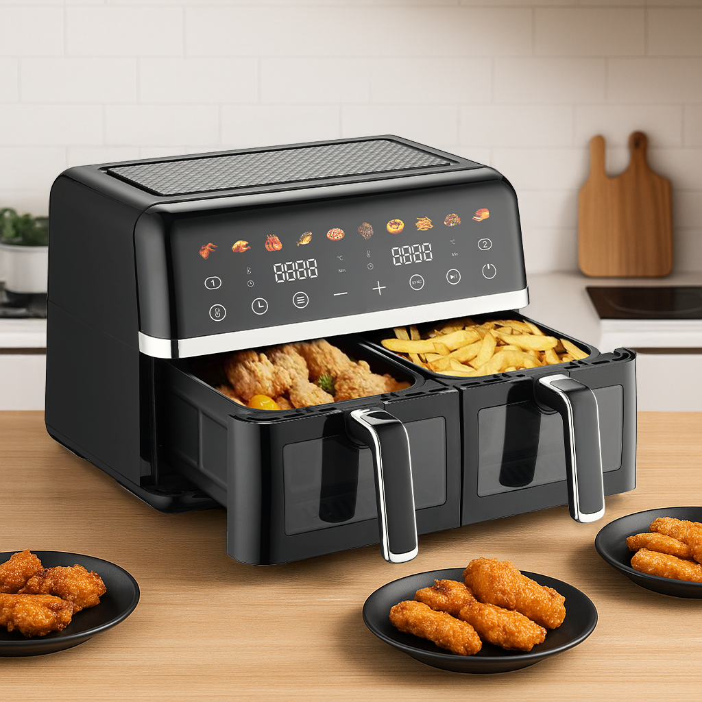 Friteuza Dubla cu aer cald 3000W, Cos Dublu, 10 litri, Termostat 80 - 200 °C, 8 programe predefinite, Negru