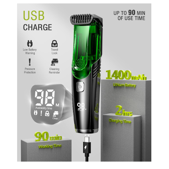 Masina de Tuns Barba, Functie de Aspiratie a Parului, Reglare marime din buton 1-22mm, Autonomie 90 min, Incarcare USB, IPX6 Waterproof
