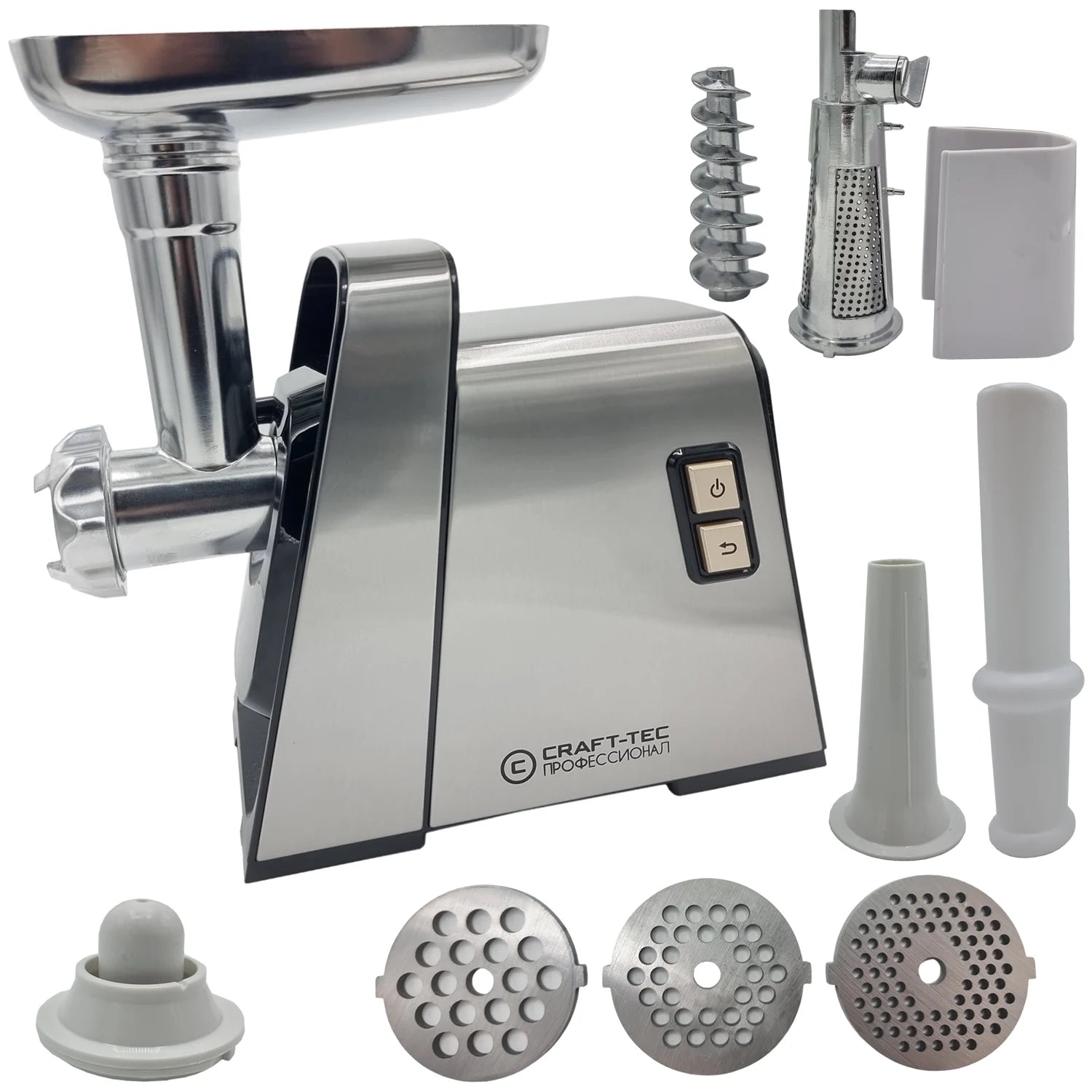 Masina de tocat carne Craft-Tec 3800W, Accesorii rosii, carnati, chiftele, 3 site, functia revers, motor cupru