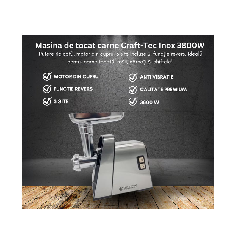 Masina de tocat carne Craft-Tec 3800W, Accesorii rosii, carnati, chiftele, 3 site, functia revers, motor cupru