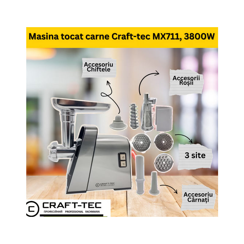 Masina de tocat carne Craft-Tec 3800W, Accesorii rosii, carnati, chiftele, 3 site, functia revers, motor cupru