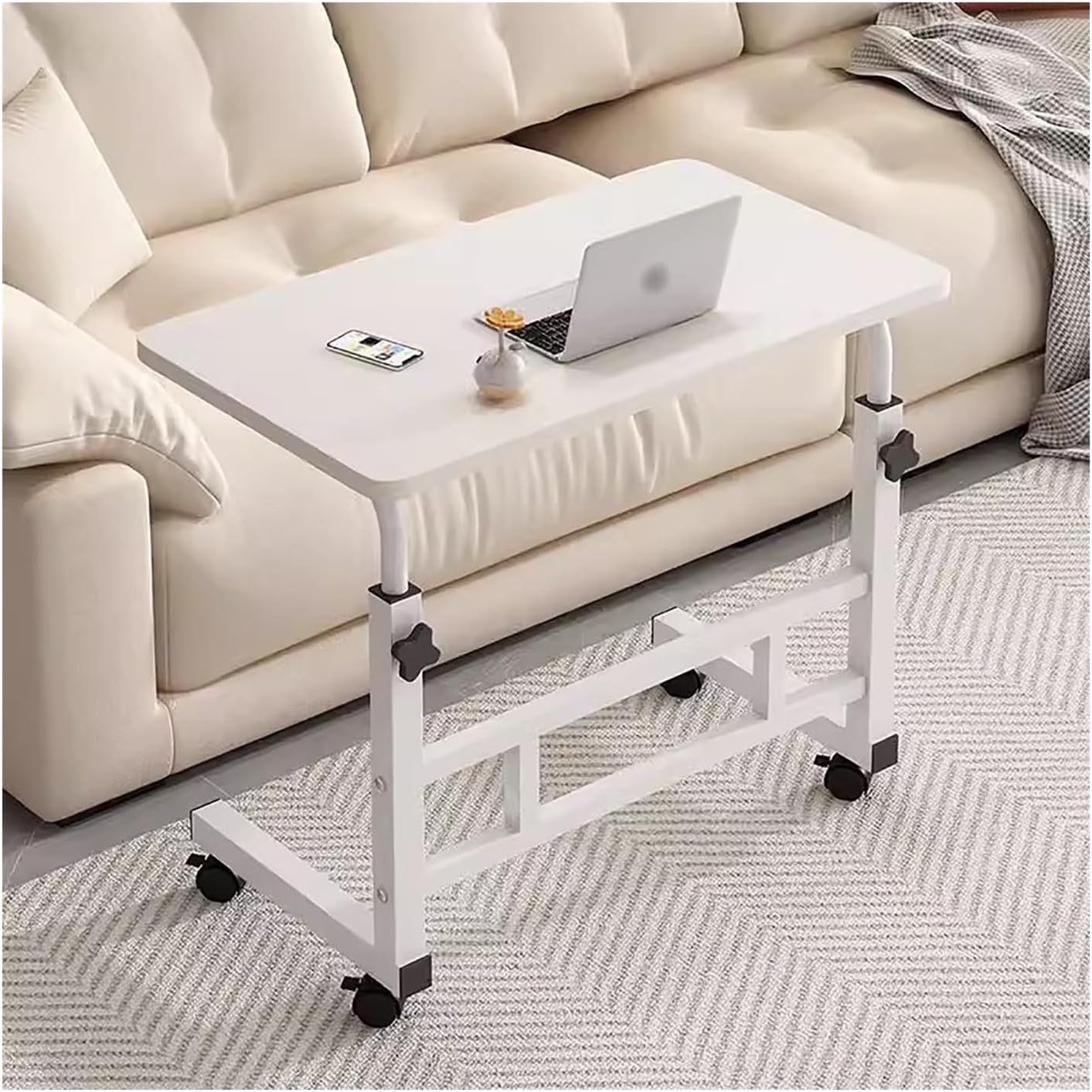 Masuta Laptop Reglabila cu Roti pentru Canapea si Pat, Blat Lemn, Cadru Metalic, Inaltime Ajustabila 63–80 cm