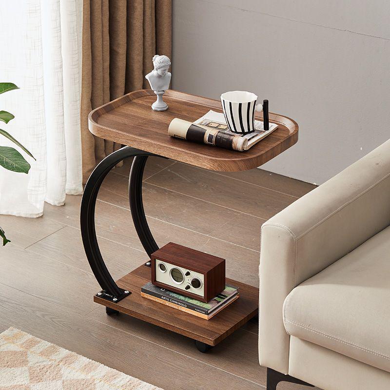 Masuta de cafea pentru living, design nordic in formă de C, cu 2 niveluri, pe roți 52x34x60cm